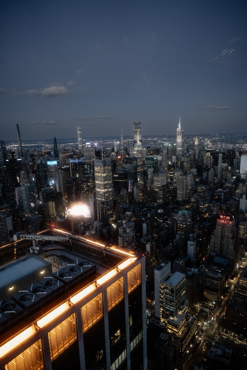 Manhattan skyline at dusk from above