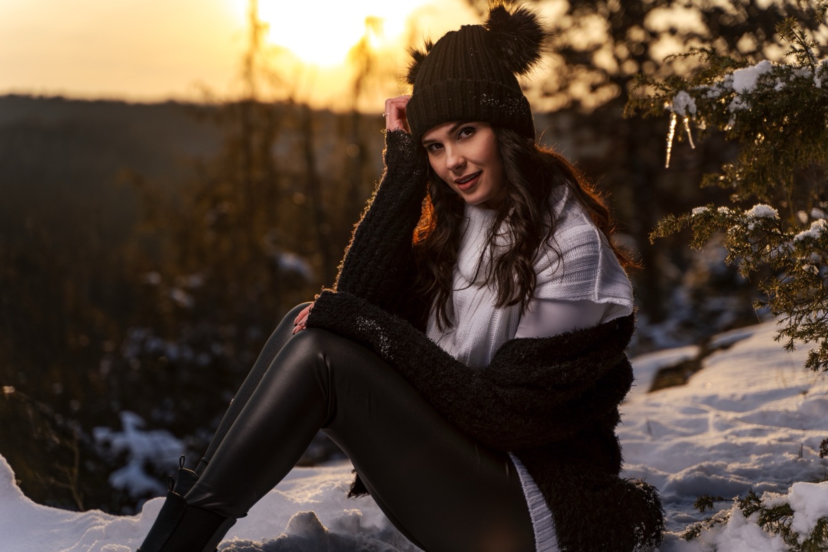 Winter portrait at sunset in the snow