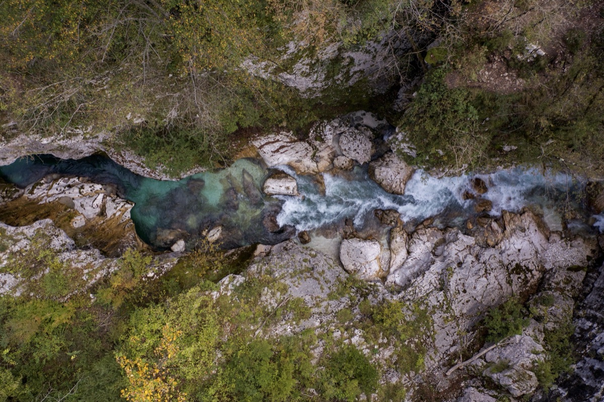 Aerial of a turquoise river gorge