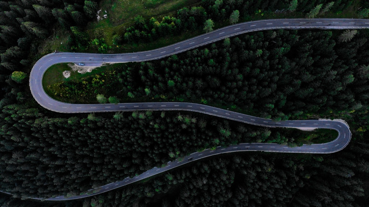 Aerial of a hairpin road through forest